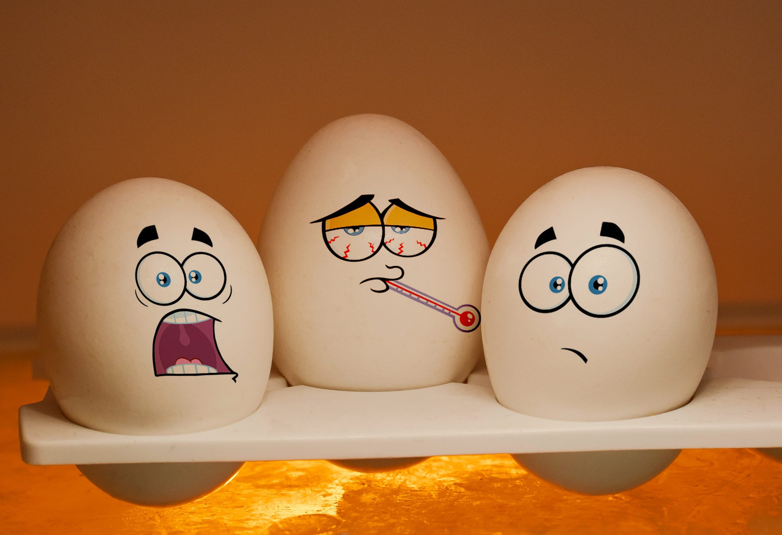 emotion-filled cartoon faces painted on eggs